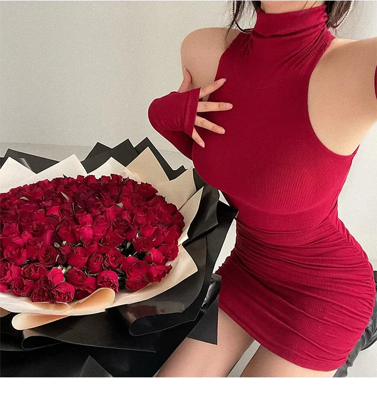 Spring Sexy High Collar Dress Spicy Sweet Tight Pure Desire Style Halter Wrap Hip Dress Women