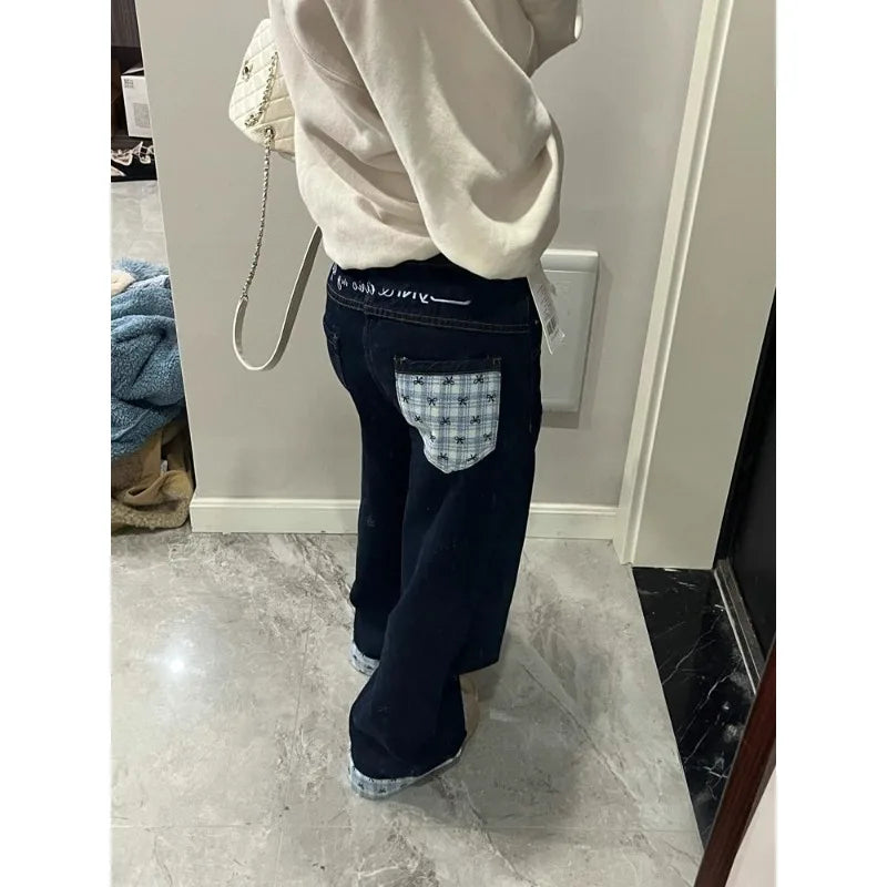 High Waist Turn-Up Wide Leg Straight Denim Pants Women Summer Japanese High Street Bow Knot Plaid Design Casual Patchwork Jeans