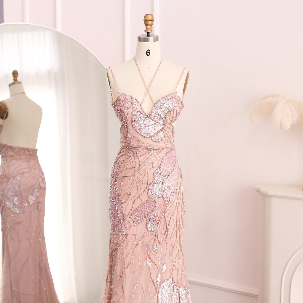 Sharon Said Luxury Mermaid Pink Evening Dresses with Feathers Scarf Straps Dubai Women Blue Wedding Prom Gowns SS478 Customized
