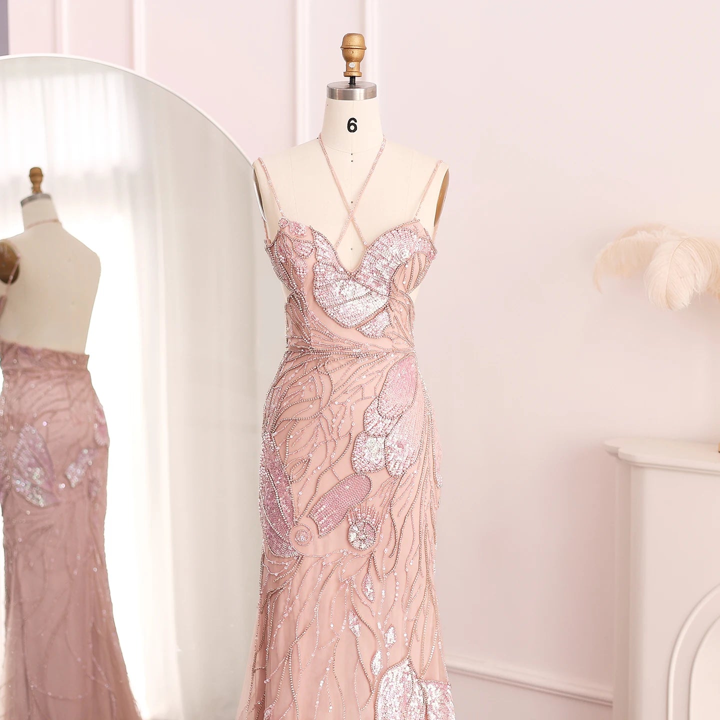 Sharon Said Luxury Mermaid Pink Evening Dresses with Feathers Scarf Straps Dubai Women Blue Wedding Prom Gowns SS478 Customized
