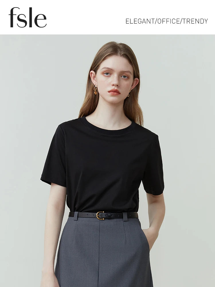 FSLE 100% Cotton Short-Sleeved T-Shirt Women'S Spring Summer 2023 New Round Neck Straight White Black Top For Women