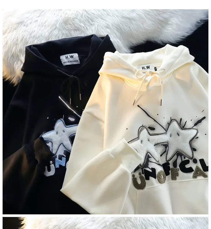 American Style Street Flocking Star Hooded Sweatshirt For Men Women Couple Loose Fit Oversize Spring Autumn Thin Jacket