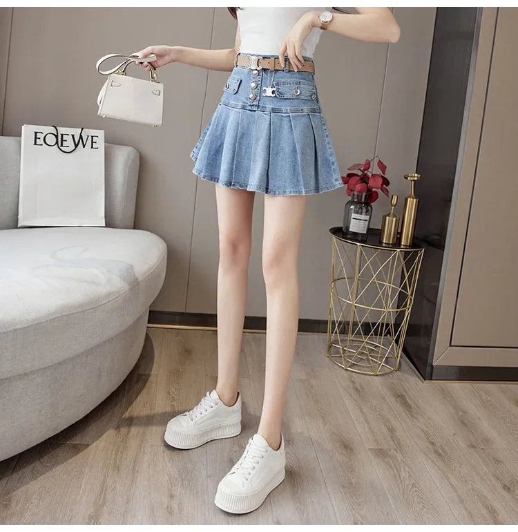 High-Waisted Denim Skirt Women's Slimming Mini Dress 2024 Spring Summer European Style Half Skirt Age-Reducing Fashionable Pleat