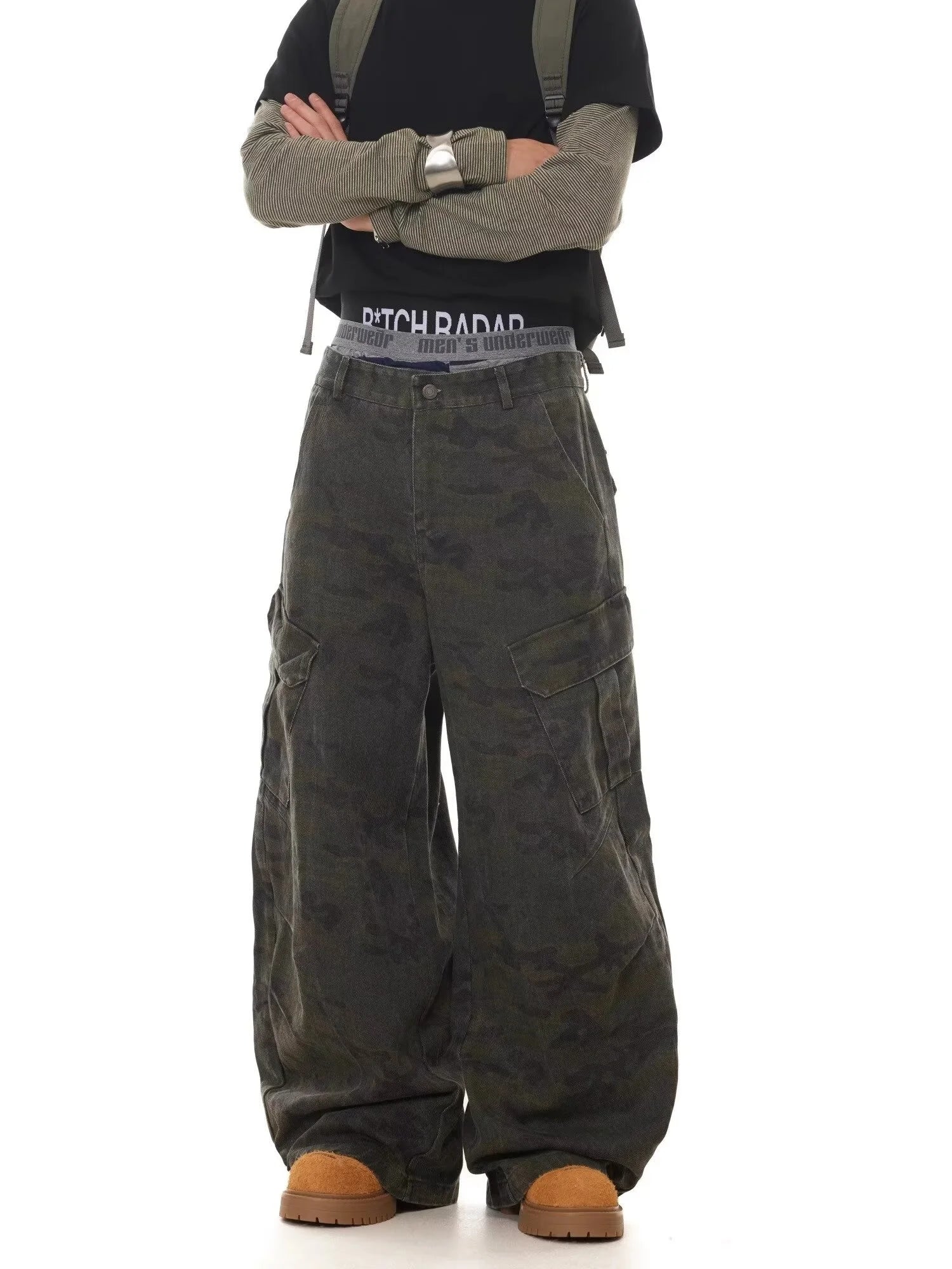 American Retro Multi-pocket Camouflage Silhouette Scimitar Jeans Niche Baggy Wide-leg Sickle Casual Pants Hoodies Men's Clothing