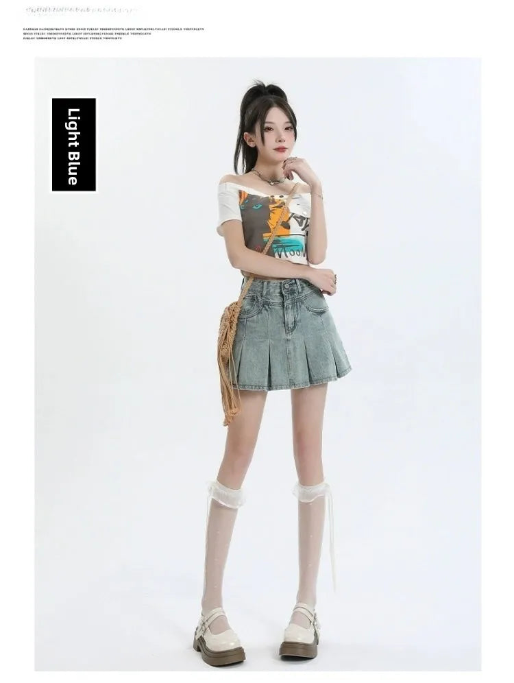 American Sle Versatile High Waist Denim  Skirt Women's Summer New plus Size Pleated Skirt Small Size Slim A-Line ves