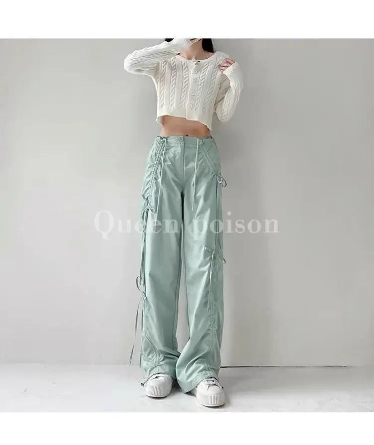 American Style Women's Summer Cargo Pants With Bowmint Green Drawstring Casual Bell Bottoms New 2024 Fashion Trend Long Pants
