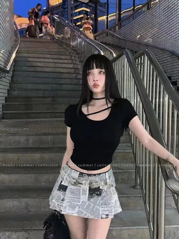 Newspaper Printed All-match Skirt for Women Y2k High Waist Ruched Faldas Mujer 2025 Early Autumn New A-line Skirts