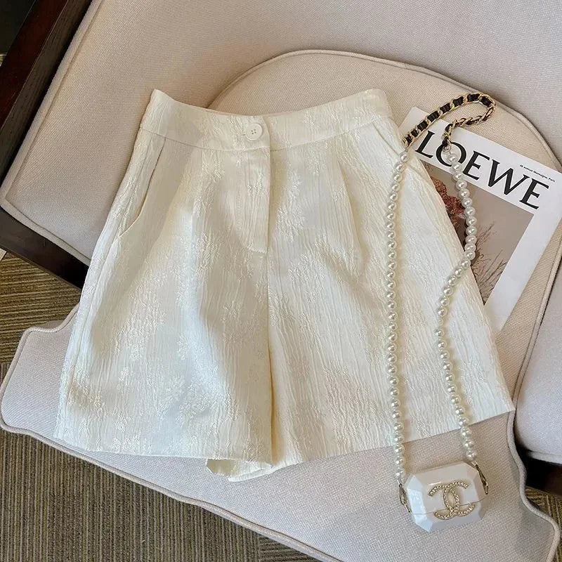 Vintage Jacquard Shorts Women Black Chic Harajuku High Waist Casual Straight Shorts Summer Elegant Pleated A Line Shorts New Ins