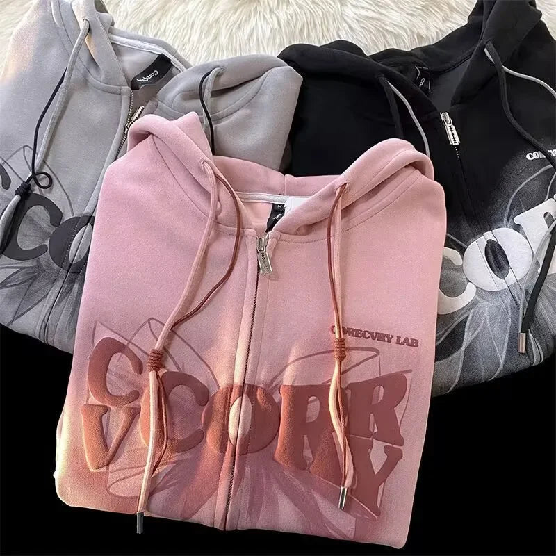 Early Autumn Thin Sweet Cool Butterfly Knot Hoodie Women Loose Couple Open Cardigan Jacket Zipper Top Trendy Streetwear