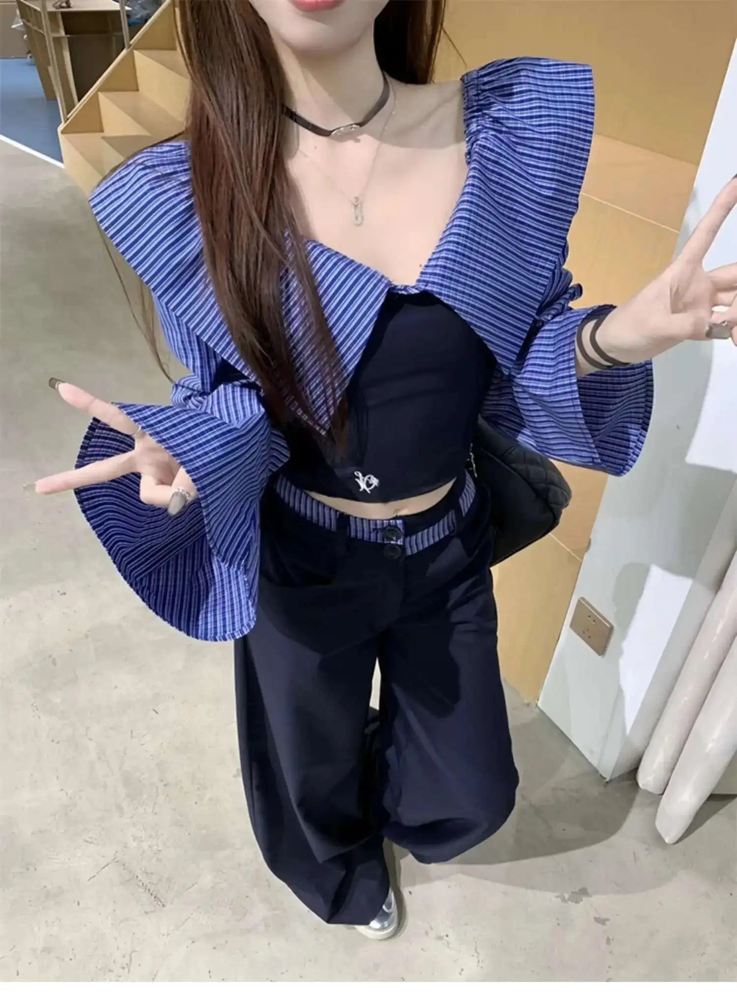 SHENGPALAE 2025 Spring New Contrast Color Slash Neck Pullover Women Straight Loose Ankle Length Pants Fashion Clothing 5ZD1278