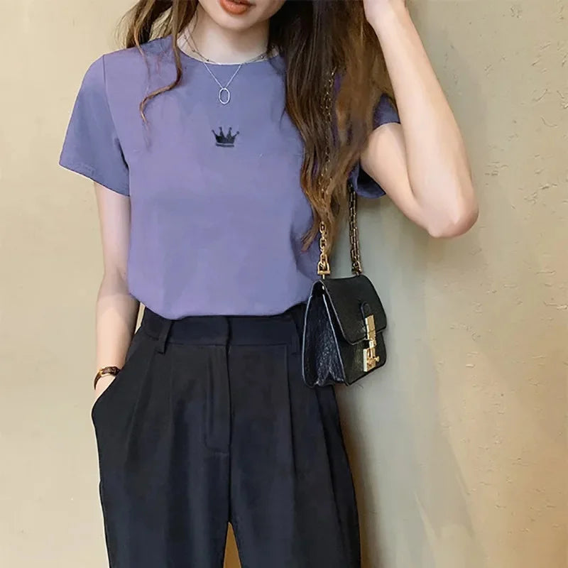 Fashionable Letter Embroidery Short Sleeve T-Shirt Women's Loose-Fit Summer New Style Slimming Base Layer Korean Version