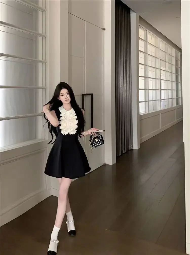 French Style Lace Doll Collar Vest Dress Women Summer Mini Skirt Waist Cinching Sleeveless Black Dress Polo Neckline Polyester F