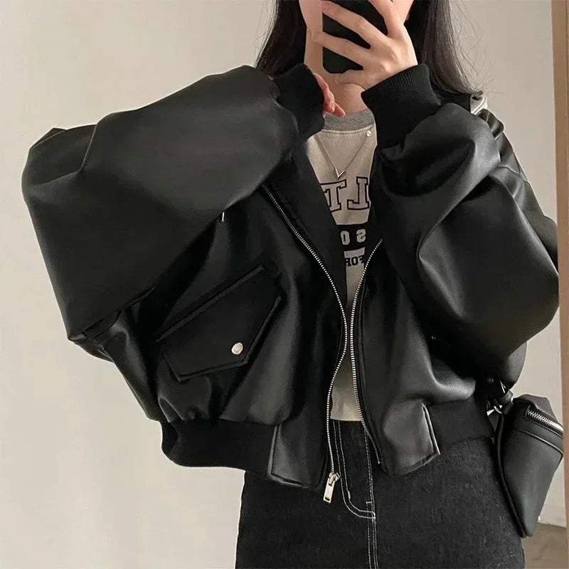 Fashion Hooded Loose Leather Jackets Women Fashion Faux Leather Coats Spring Autumn Korean PU Jackets