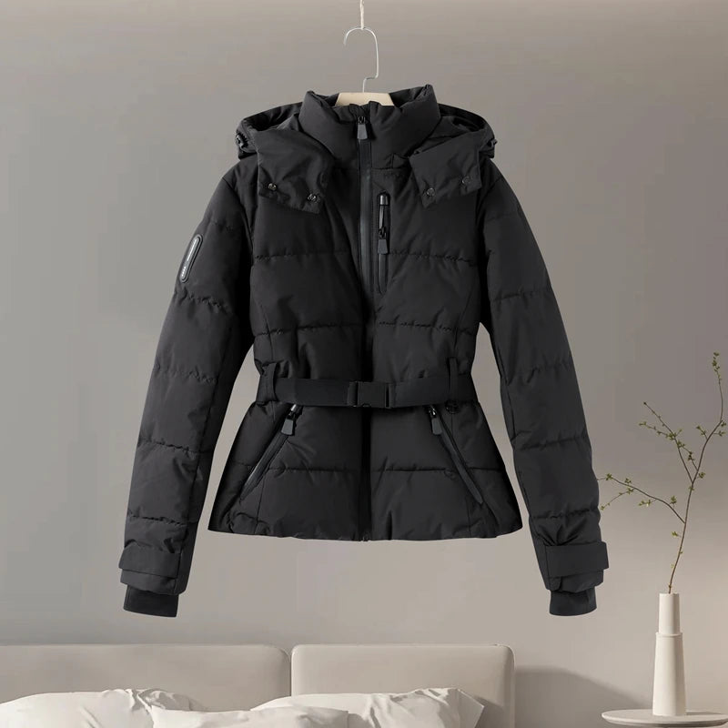 Fashion Hooded Padded Coats With Belt Women Slim Stand Collar Full Sleeve Pocket Coat Winter Lady Thicken Warm Skiing Jacket
