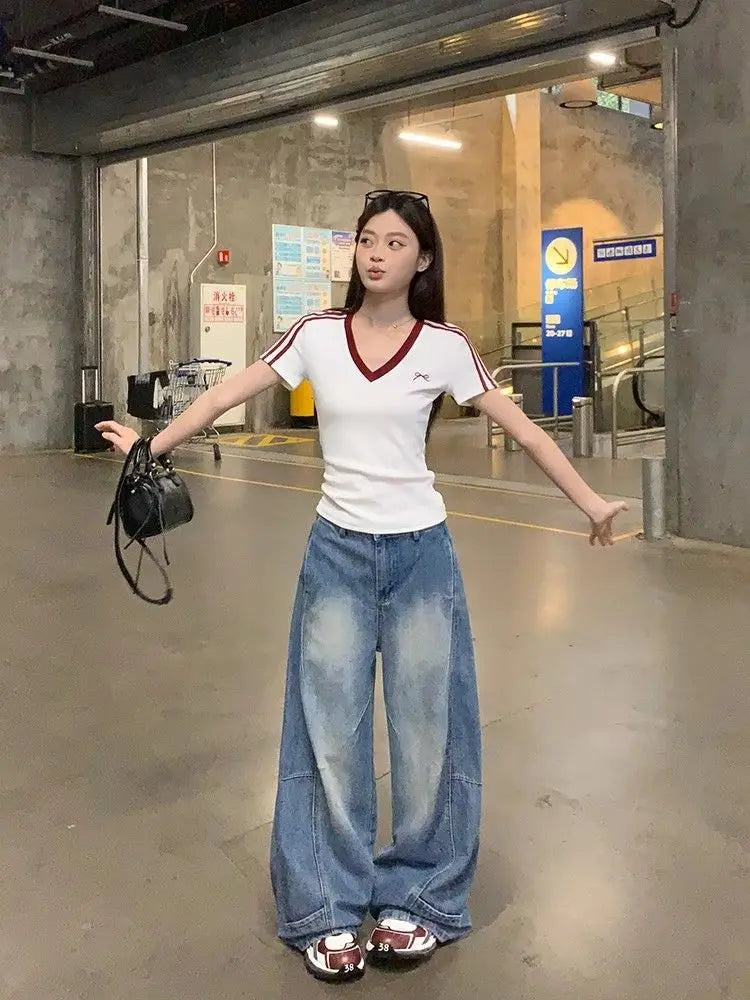 Women Clothing Summer Fashion Casual Striped Color Blocking V-neck Ladies Ladies Simplicity All-match Appear Thin Short Sleeve