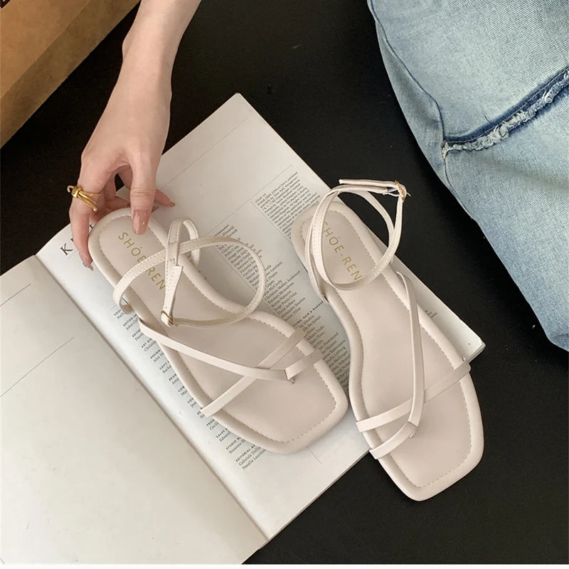 2025 Summer Gladiator Women Sandals Fashion Elegant Narrow Band Clip Toe Shoes Ladies Comfort Flats Beach Sandalias