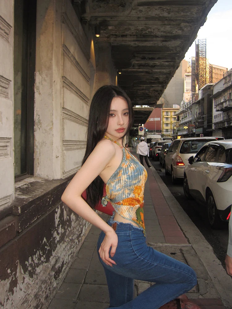 Tonngirls Vintage Tie Dye Tank Tops Women Sleeveless Lace Up Y2k Retro Camis Tops Backless Summer Korean Style Tank Tops 2000s