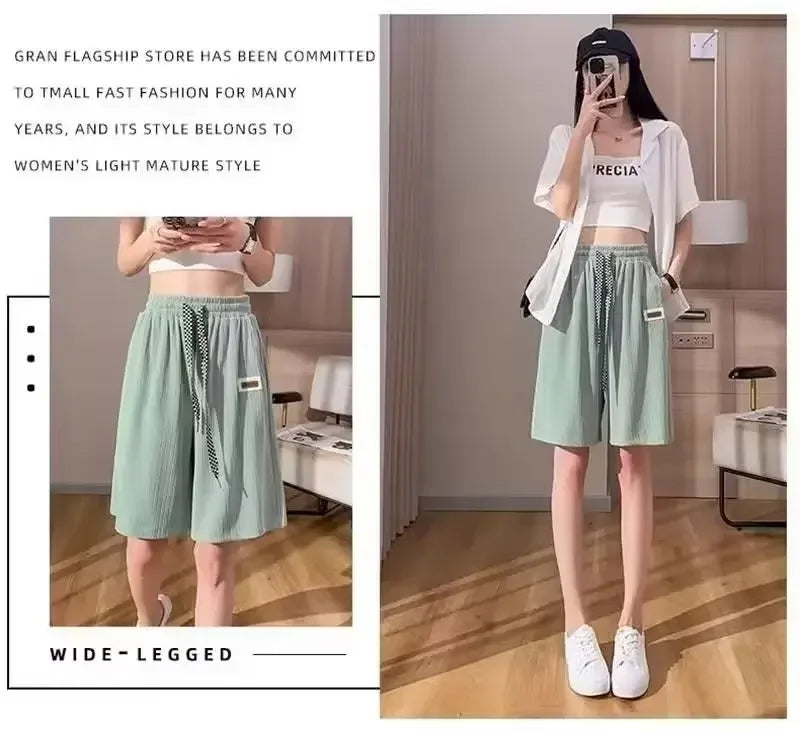 2024 Summer New Men's Women's Hong Kong Style Simple Basic Straight-Leg Casual Ice Silk Draped Shorts