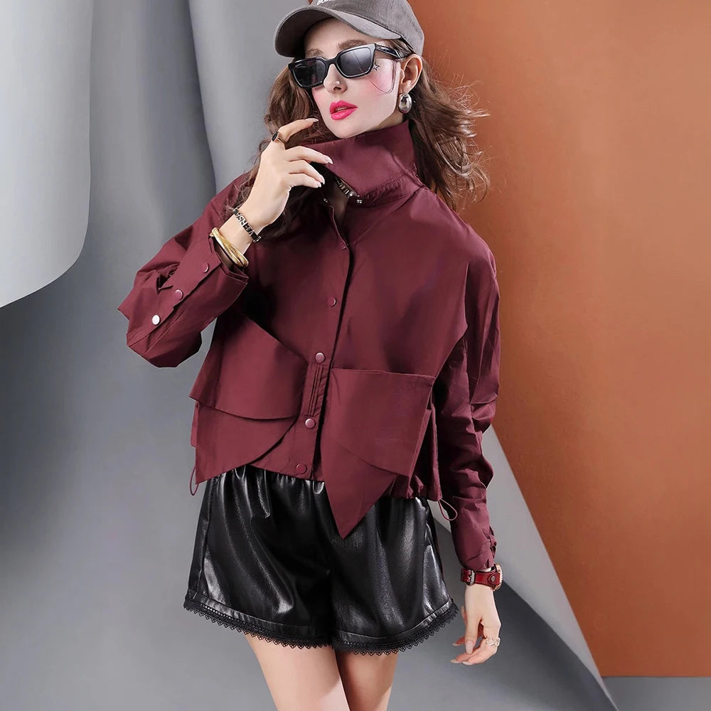 Spring new niche design solid color bow pleated short casual women's shirt for  women