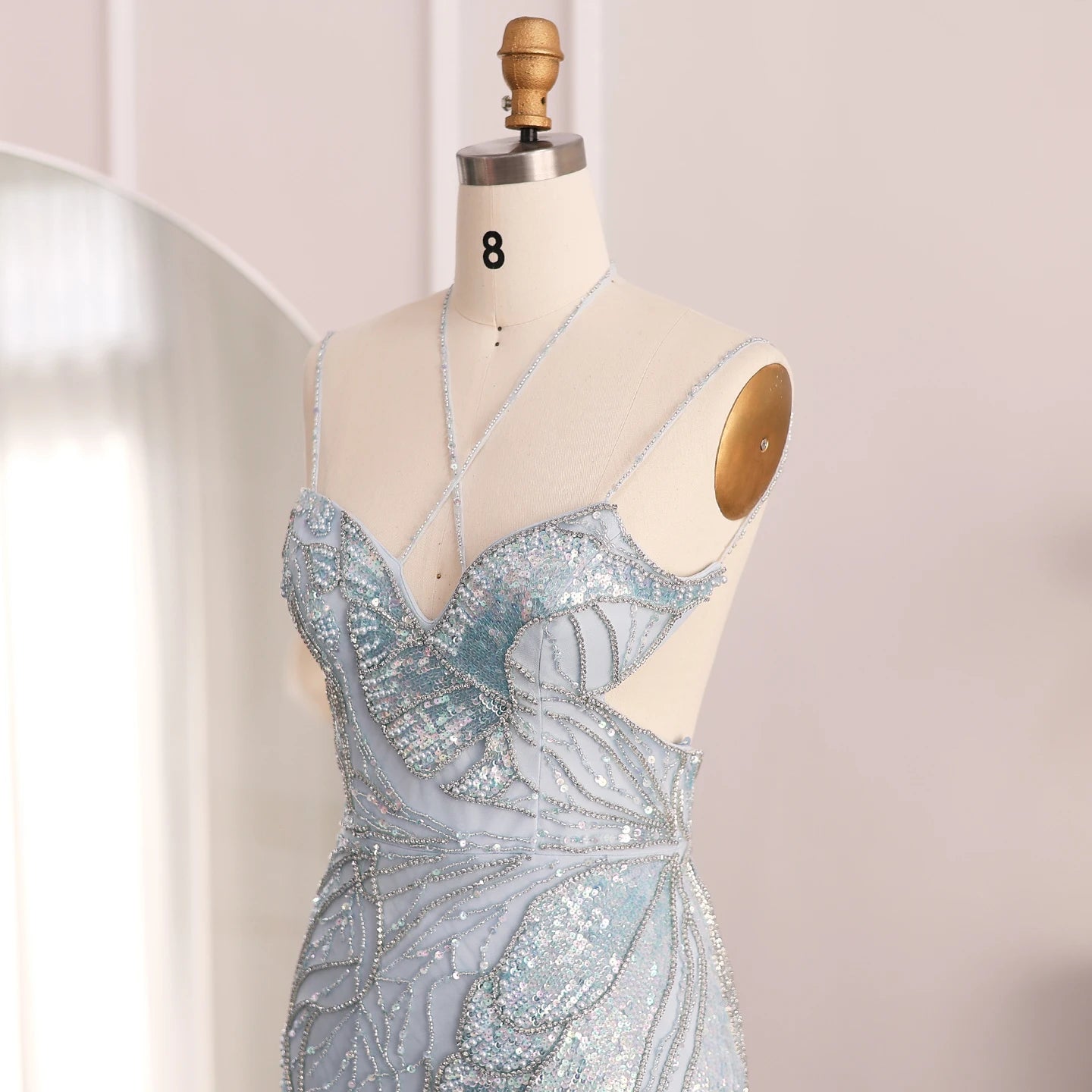Sharon Said Luxury Mermaid Pink Evening Dresses with Feathers Scarf Straps Dubai Women Blue Wedding Prom Gowns SS478 Customized