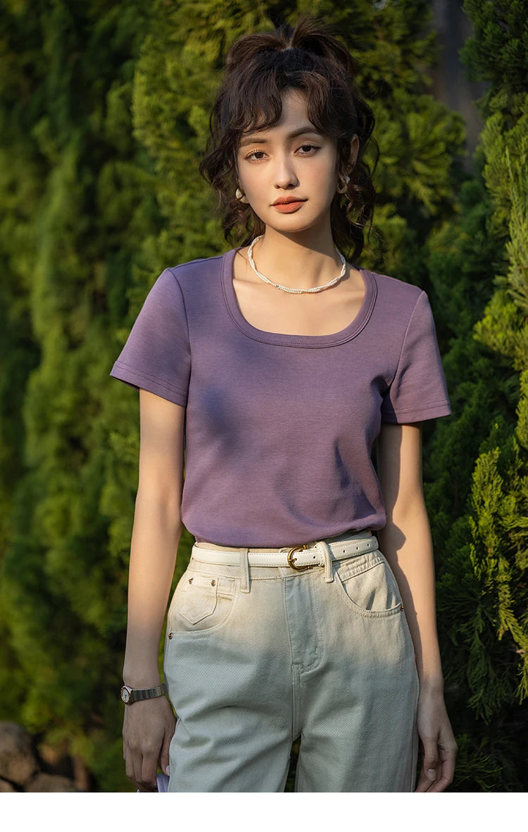 MISHOW Short Sleeve T-shirts Women Spring Solid Square-neck Top Elegant Woman Clothes Office Lady Cotton Tees MXC12T0641