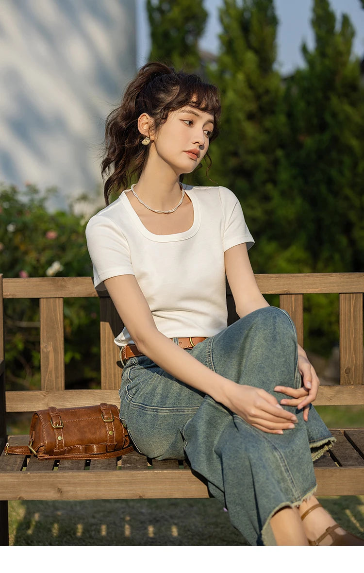 MISHOW Short Sleeve T-shirts Women Spring Solid Square-neck Top Elegant Woman Clothes Office Lady Cotton Tees MXC12T0641