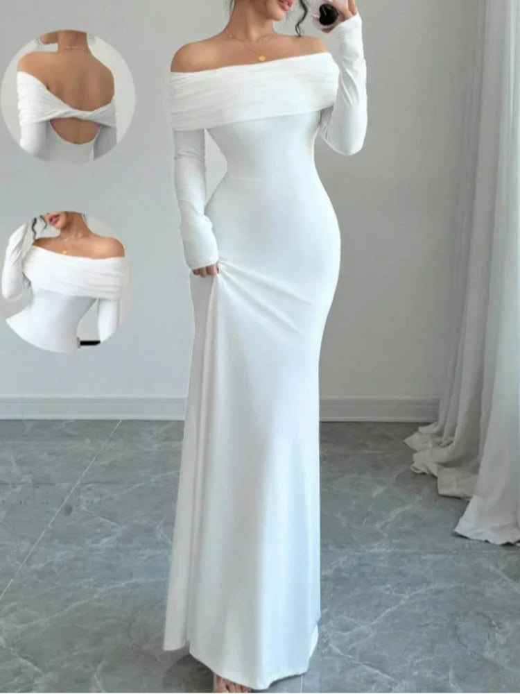 European and American 2025 Cross border Spring/Summer New French Fashion One Piece Collar Slim Fit High Waist Sexy Banquet Dress