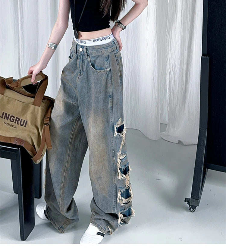 Kids Child American Vintage Washed and Distressed Jeans with Side Hole For Girl High Street Fashion  Wide Leg Broken Denim Pants