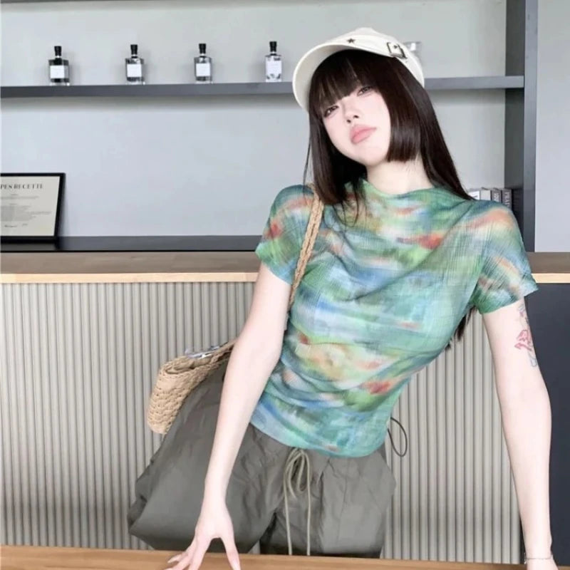 Turtleneck Woman Tops Tie DyeT Shirt for Women Japanese Vintage Fashion Korean Reviews Many Clothes Harajuku Clearance Basic