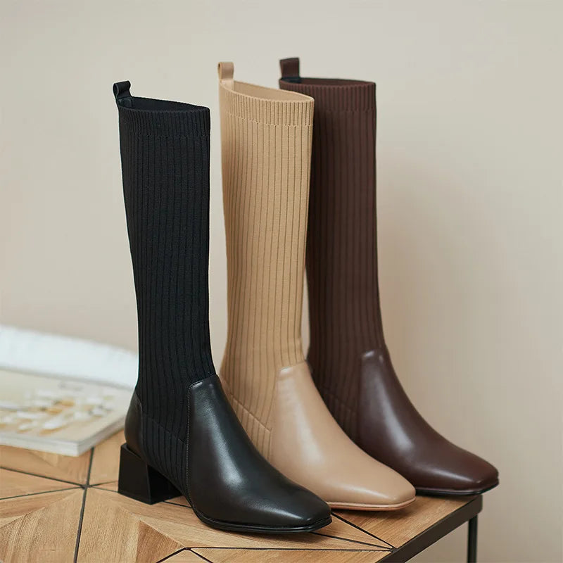 Women's Knee High Boots Luxury Knitted Leather Brown Black Block Heels Warm Classic Elastic Long Boot Winter Shoes Large Size 40