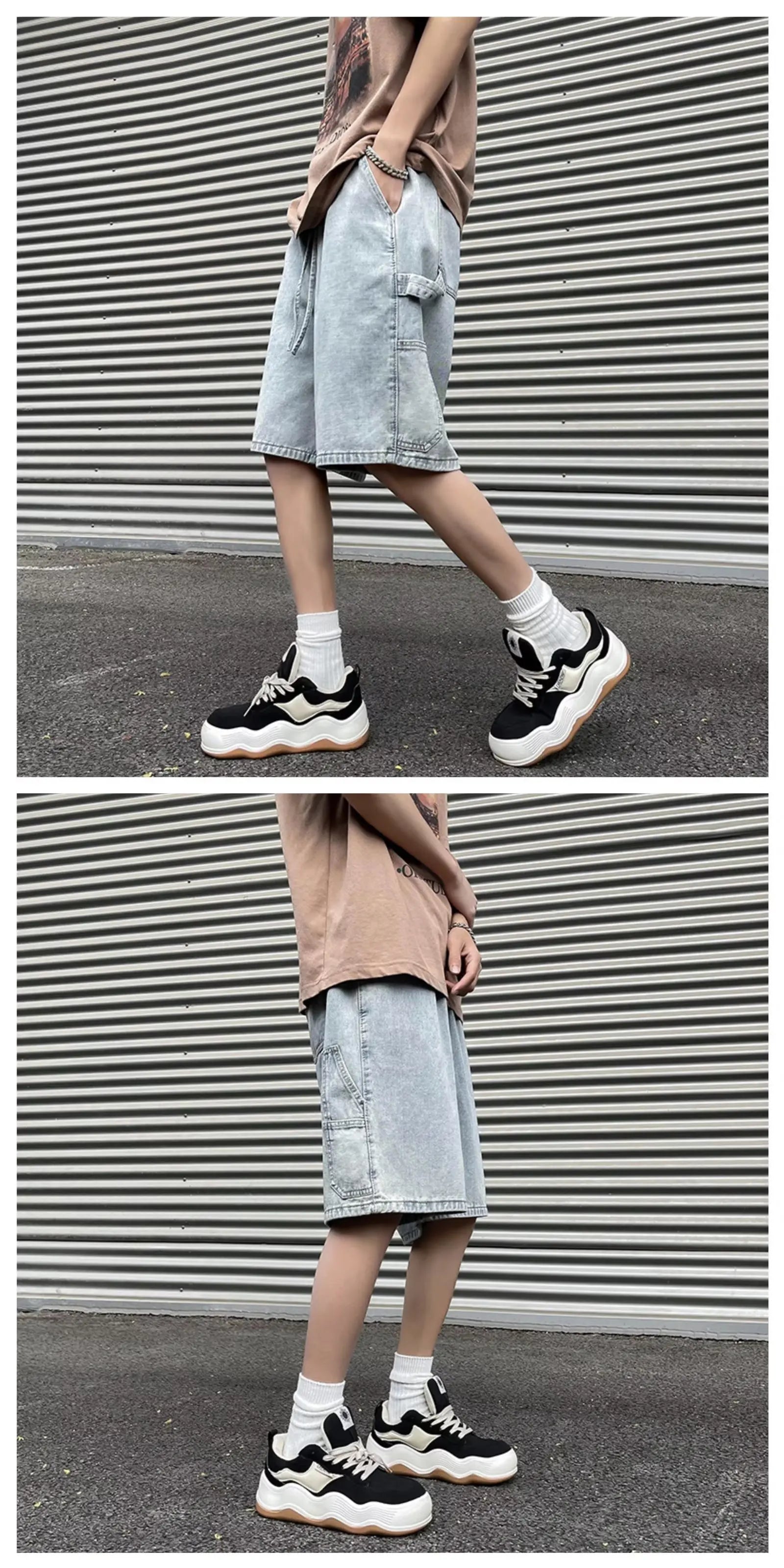 Fashionable Loose-fit Straight-leg Denim Shorts Simple Solid Color Casual Versatile Men's Five-point Pants