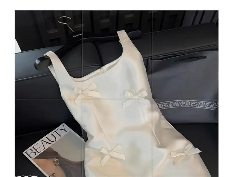 Women Elegant Mini Dress Satin Bow Decor Sleeveless Square Neck Slim Fit Suit French Style Party Club Night Summer Outfit
