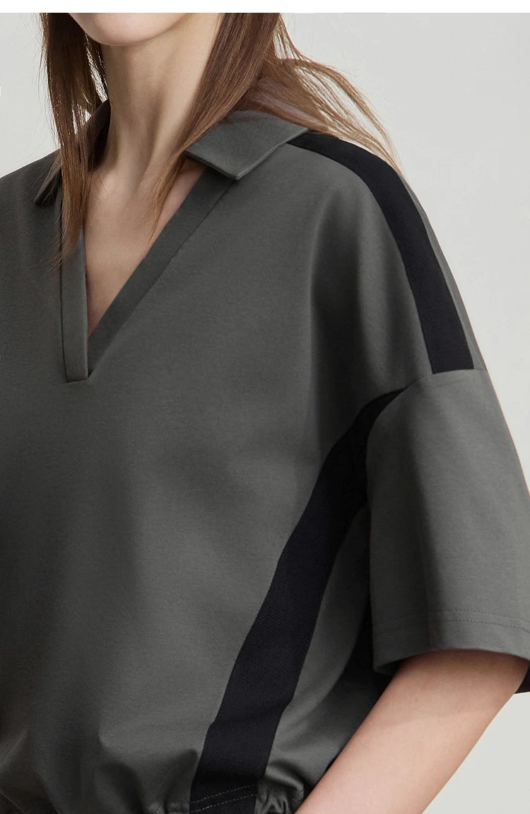 Amii Minimalist Cotton T-Shirts For Women 2025 Summer New V-Neck Pullover Loose Short Shoulder Sleeve Chic Commute Tops 12552001