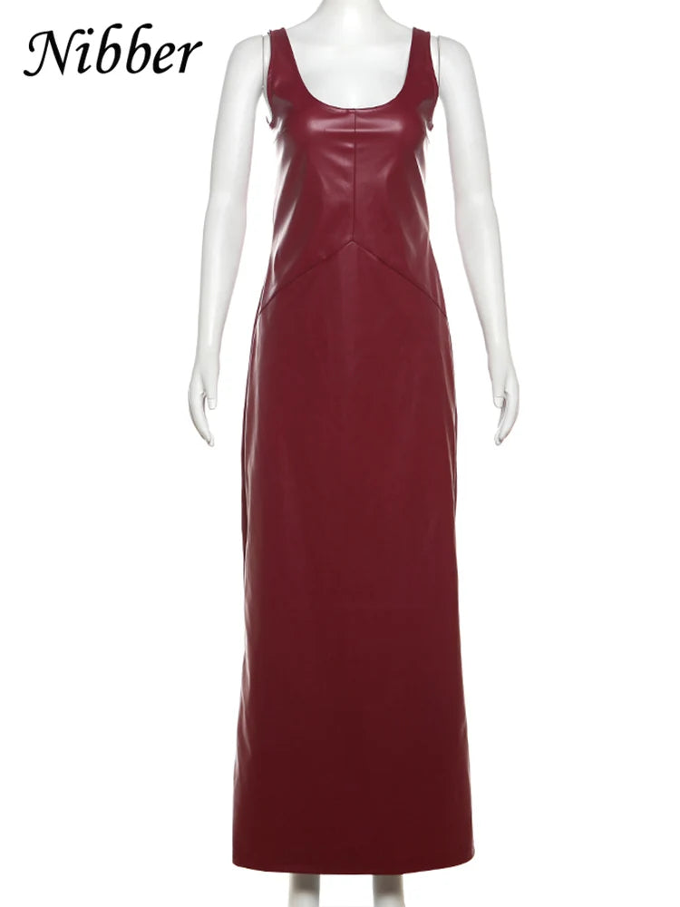 Nibber Vintage Elegant Dress Women Summer Leather Classic Sleeveless Slits Basic Simple Trend Solid Stretch Party Long Bodycon