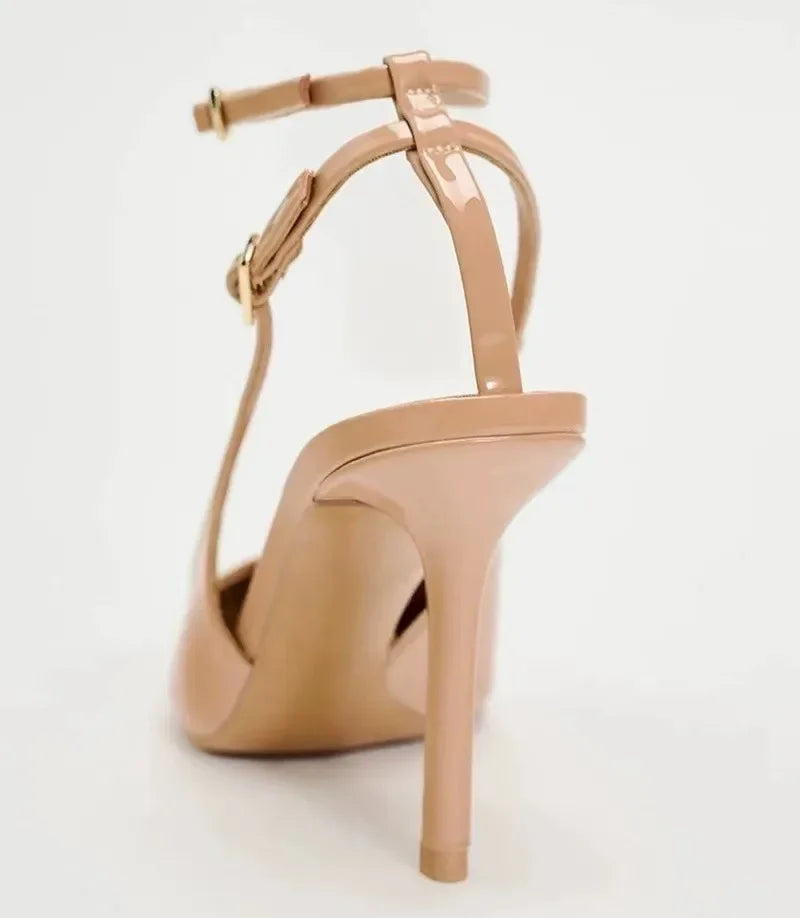 Nude Patent Leather Ankle Strap Buckle Women Pumps Sexy Pointed Toe Stiletto Heels Summer Stiletto Heels Party Shoes Sandalias