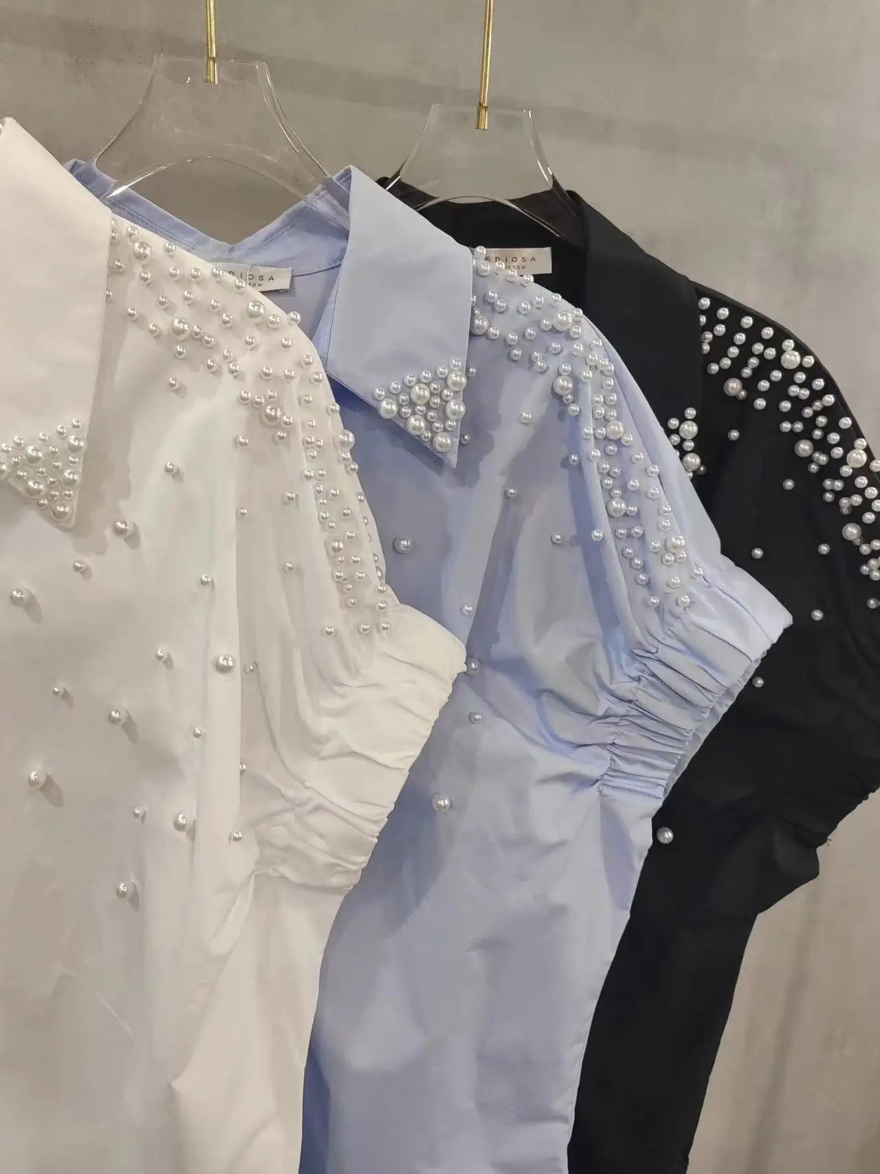 Pearls Beads Stitch Cotton Short Sleeve Blouses Shirts Women 2025 Spring Summer New Fashion Trend Loose Casual Tops Blusas