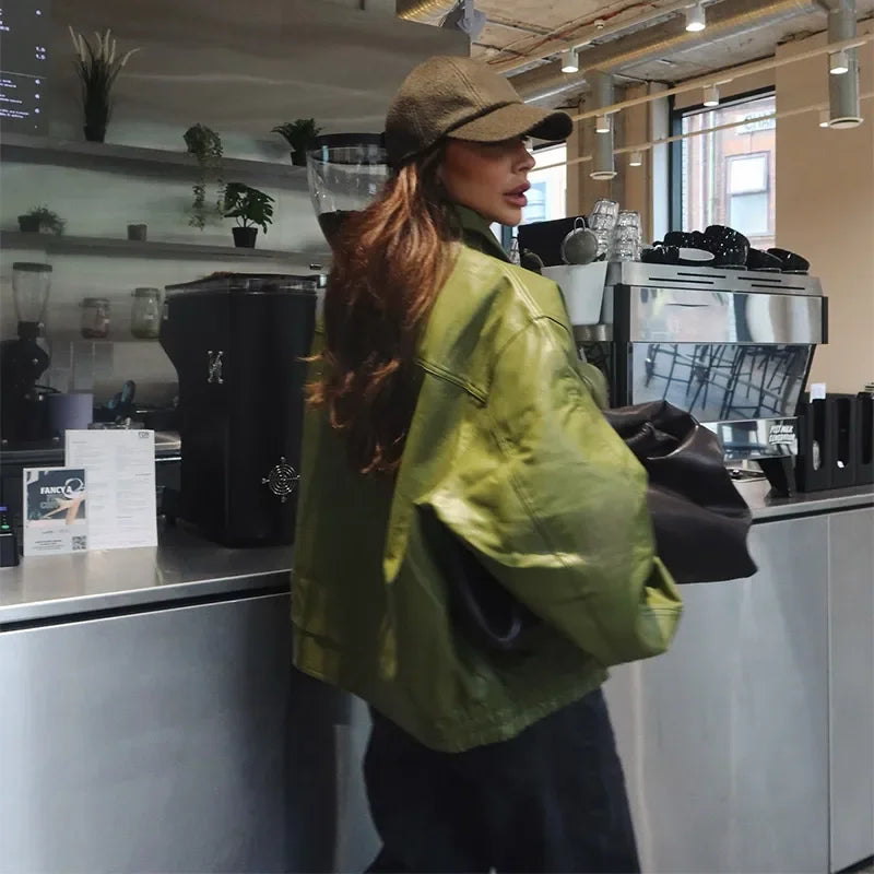 Fashion Green PU Leather Jacket Women Laple Zipper Loose Full Sleeve Single Breasted Cropped Coat 2024 New Lady Solid Streetwear