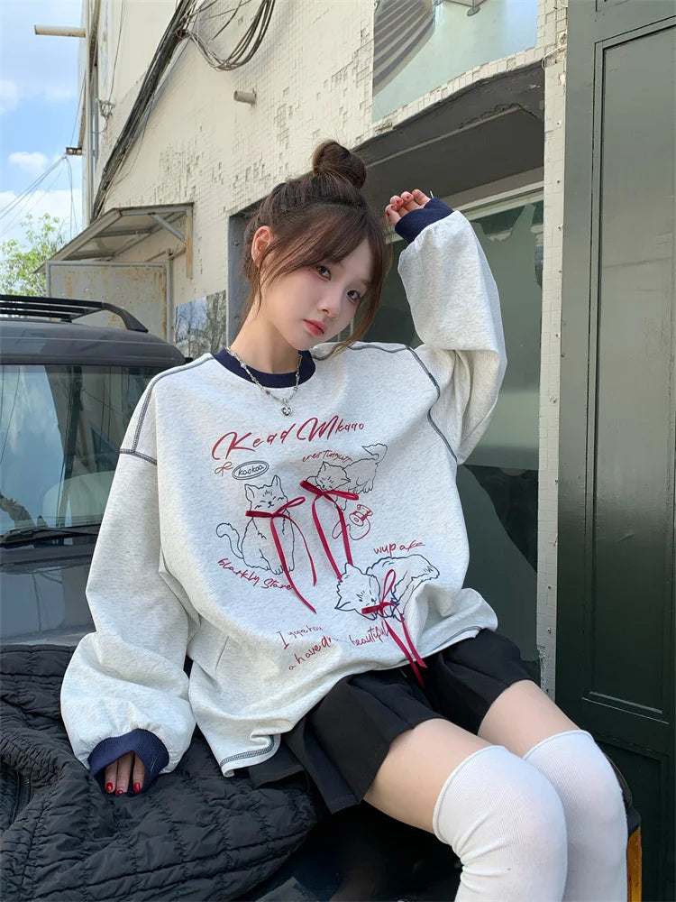 Ele Loose Long Sve Hoodie Women's Faion Design  Knot Print Top Trendy Autumn New Sle Korean System