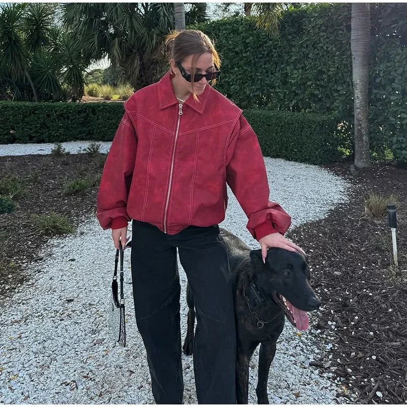 Women's Artificial Leather Short Jacket Retro Red Linen Coat Spliced Zipper Jacket Autumn Women's Lapel Pocket Street Sportswear