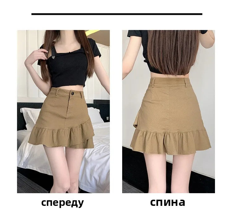 High Waist A-Line  Skirt Women's Spring Summer Denim f-length Skirts with Lace Hemline Cotton Polyester Blend