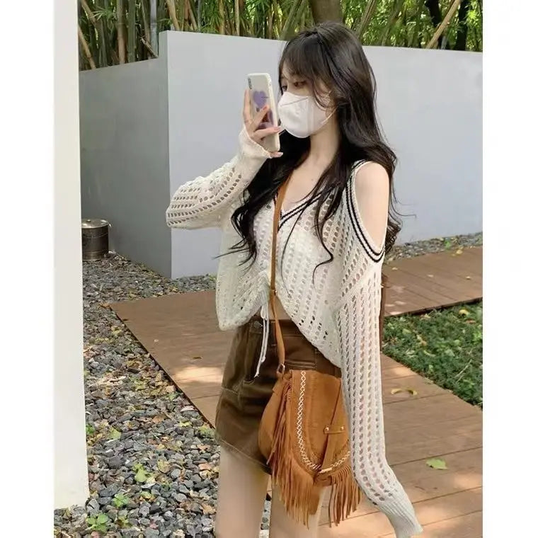 Off Shoulder Hollow Out Shirts Blouses Elegant and Youth Woman Blouse Drawstring Knitted V Neck Tops Vintage Y2k 2022 Fashion