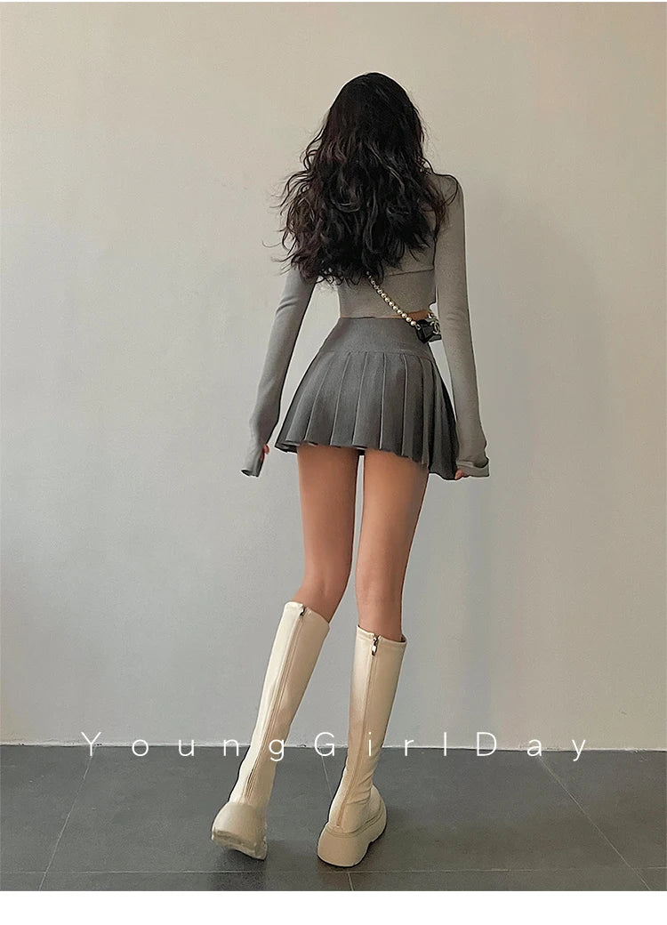 HOUZHOU Sexy Pleated Mini Skirt Women Fashion 2024 Grey Side Split High Waist A-line Slim Short Skirts Korean Y2K Skort Preppy