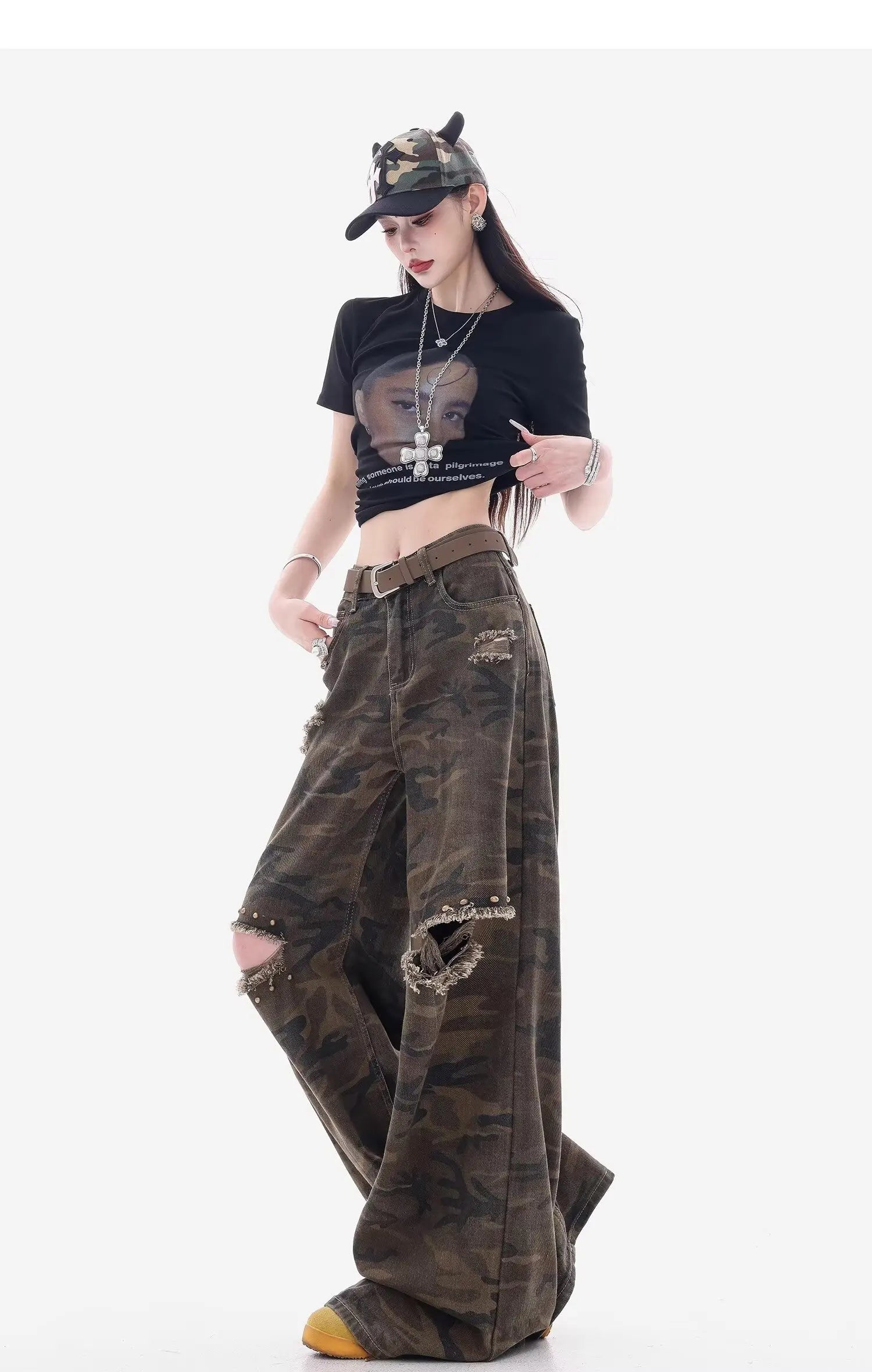 Meigao Street Ripped New Retro Loose Camouflage Ripped Jeans Women's Design Straight-Light Wide Legs