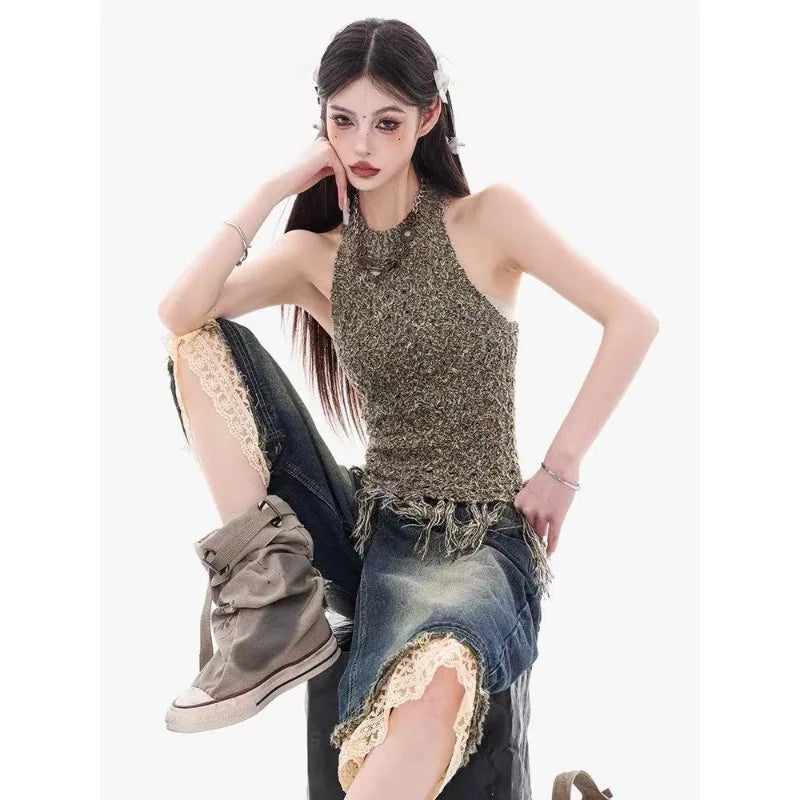 Summer Y2k Oversized High Street Spicy Girl Loose Wide Leg Cropped Pants Trendy American Washed Retro Sexy Lace Patchwork Jeans