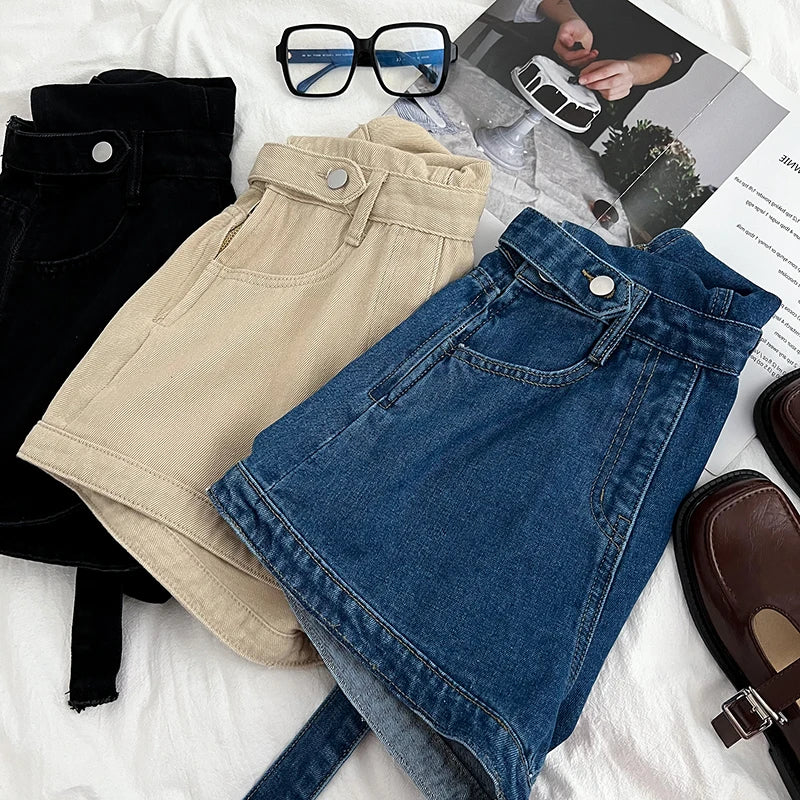 Casual Denim Jumpsuits Women Spring Summe Retro Short  Fashion  One-shoulder Wide Leg Pants 2024 New Cool Girls Streetwear