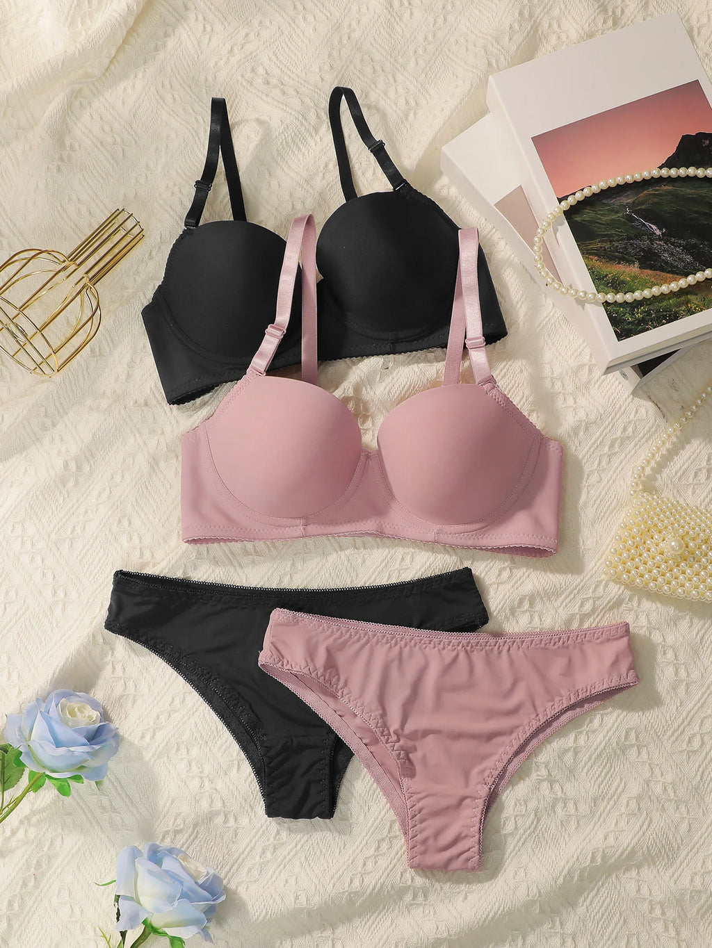 2sets Solid Underwire Lingerie Set Women Push Up Bra With Steel Ring Fashion Women Underwear Panty Everyday Bras Sets J2611