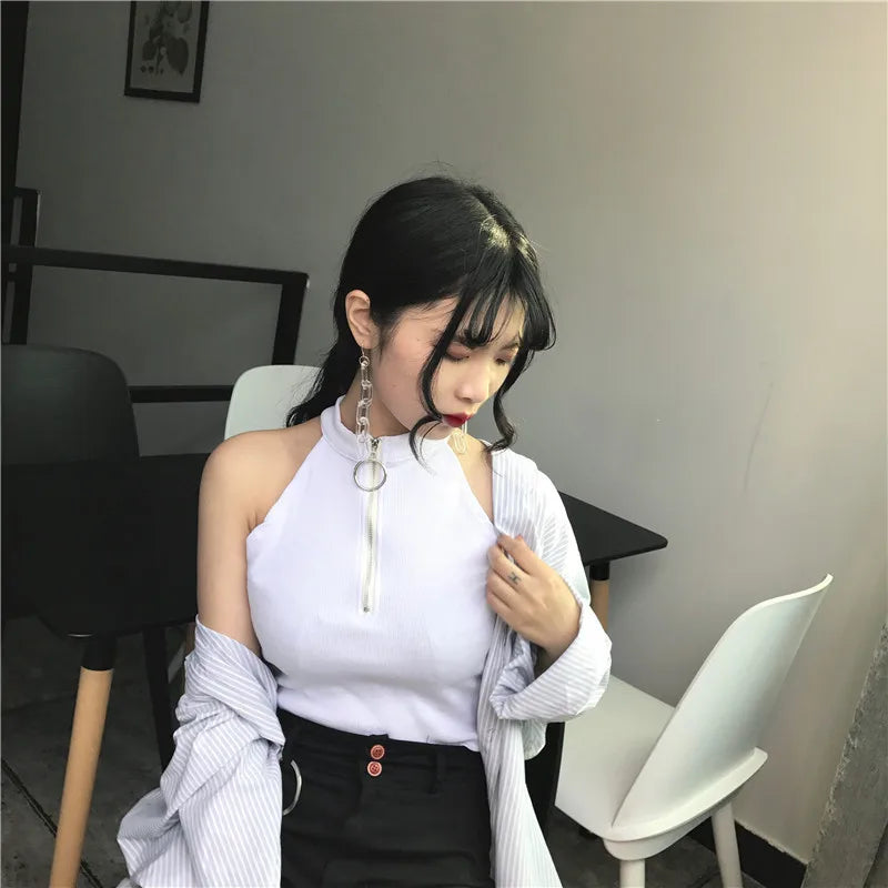 Retro Zipper Crop Tops Women Short Knitted Camisole Sleeveless Leisure Tank Top Camis Summer 2022 New