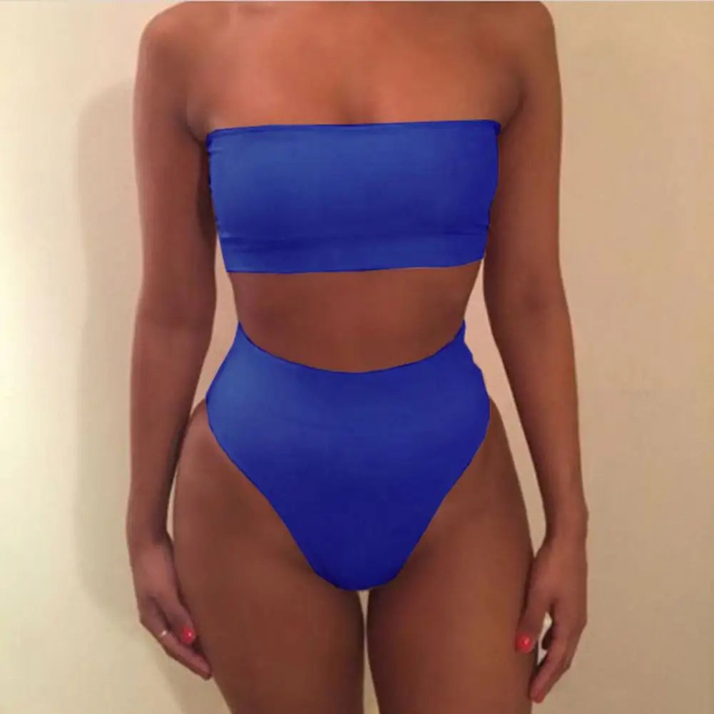 2 Pcs/Set Bikini Set Solid Color Elastic High Waist Strapless Female Bathing Suit Beachwear Summer Lady Swimsuit for Swimming