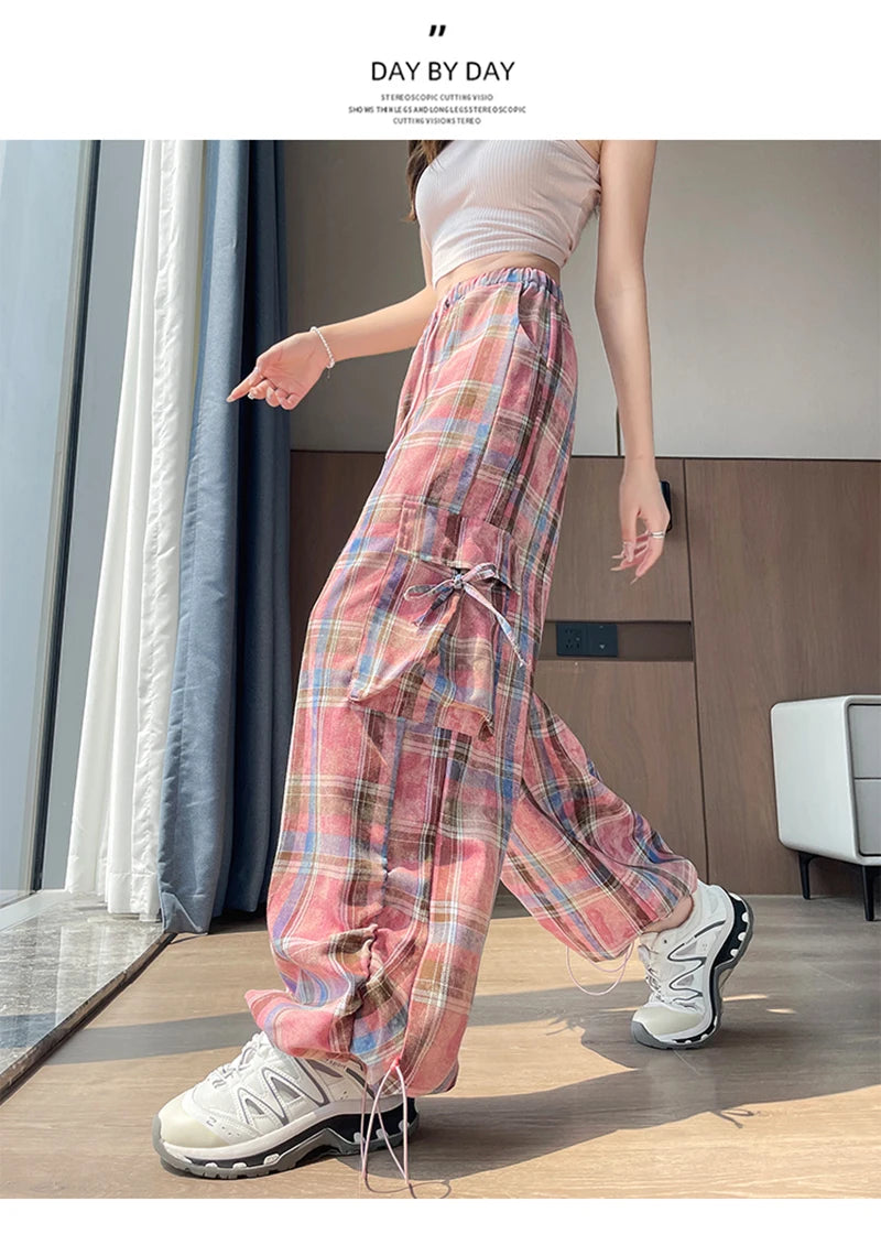 Zoki Women Streetwear Plaid Cargo Pant Vintage Loose High Waist Pockets Trousers Y2K American Casual Hip Hop Lace Up Bf Pants