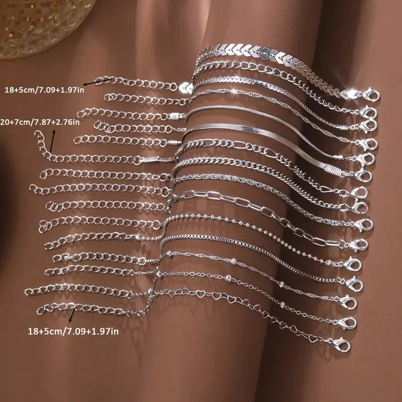 15 Piece Set Silver Color Chain Bead Bracelets for Women Simple Elegant Vacation Beach Party Casual Jewelry Versatile Daily Wear